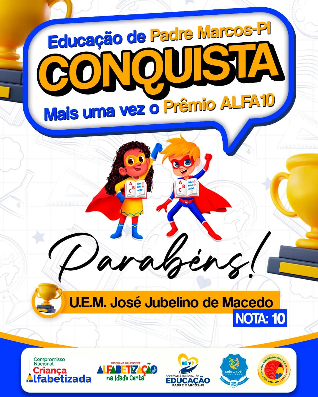 Educação de Padre Marcos avança e escola municipal atinge desempenho máximo no prêmio Alfa-10