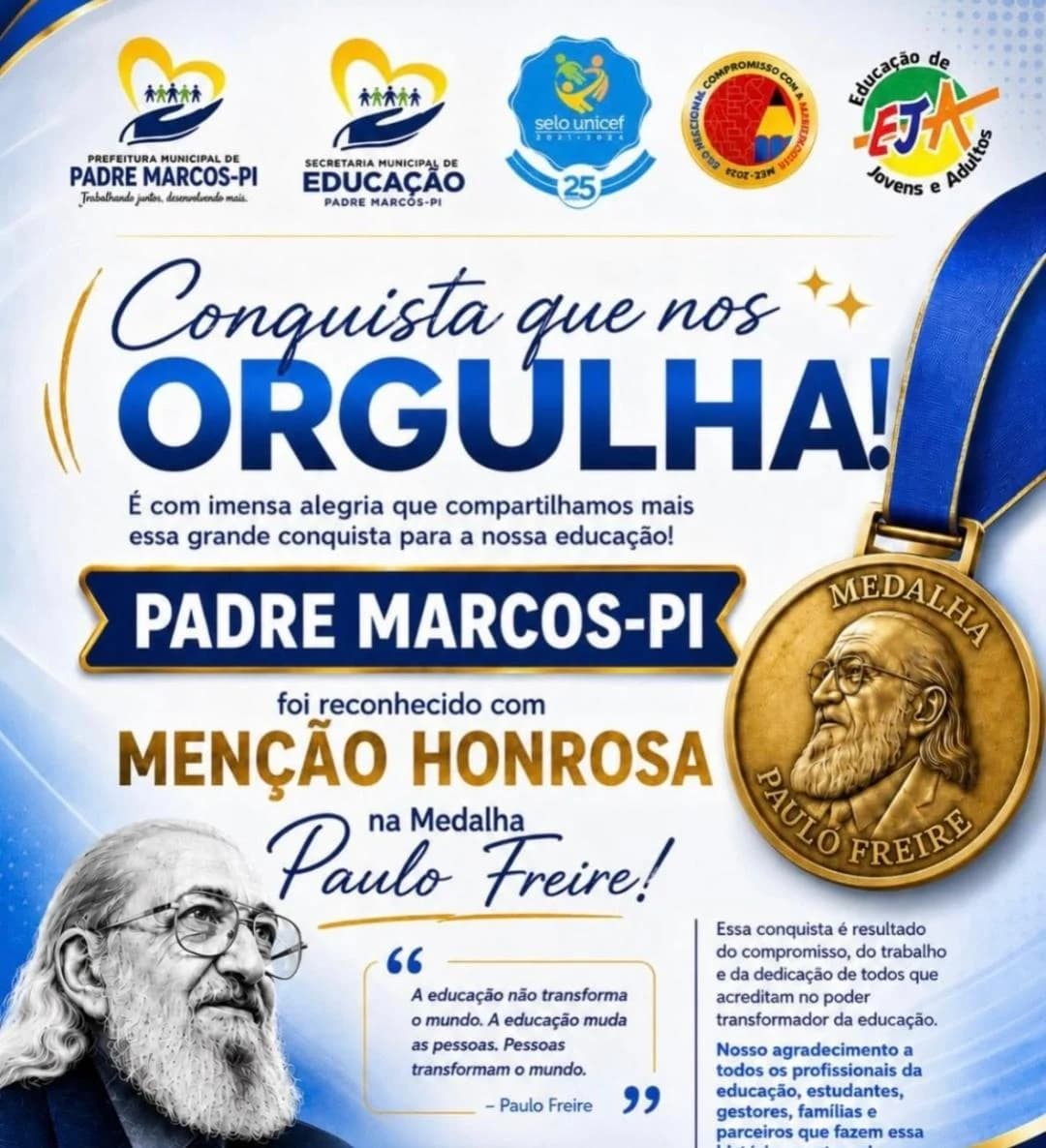 Padre Marcos conquista reconhecimento nacional na educação com Menção Honrosa da Medalha Paulo Freire
